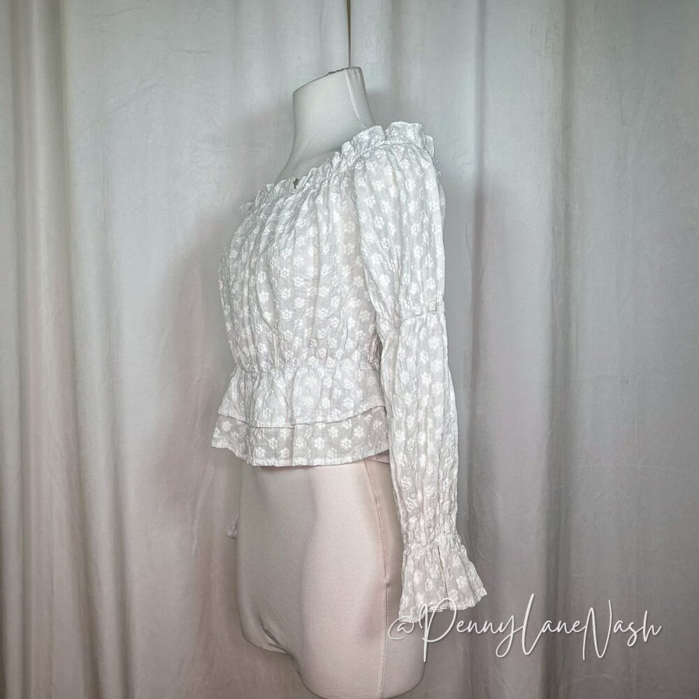 Shein Off Shoulder Floral Ruffle Hem Peplum Crop Top Blouse White - Picture 8 of 10